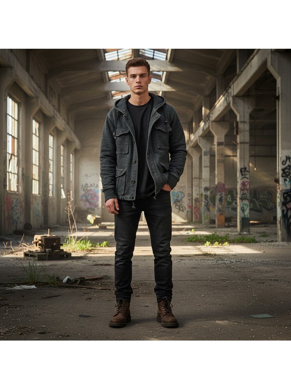 J.Crew 2010's Field Jacket Military Cotton Utility Hooded Coat Mens M BLACK